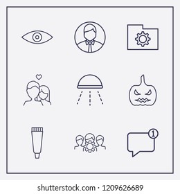 Outline 9 smile icon set. folder setting, halloween pumpkin, shower and user vector illustration