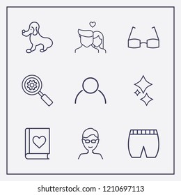 Outline 9 smile icon set. search setting, glasses man, dog and favorite book vector illustration