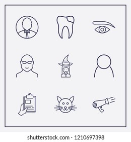 Outline 9 smile icon set. hair dryer, glasses man, halloween witch costume and broken tooth vector illustration