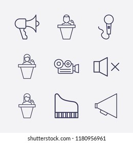 Outline 9 sound icon set. microphone, video camera, megaphone, sound off, piano and speaker human vector illustration