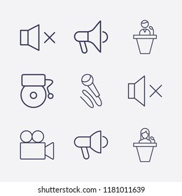 Outline 9 sound icon set. microphone, sound off, speaker human, megaphone, school bell and video camera vector illustration