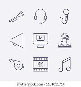Outline 9 sound icon set. megaphone, k, whistle, dj, monitor with media player, headphone, melody, microphone and trumpet vector illustration