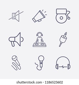 Outline 9 sound icon set. headphone, school bell, sound off, megaphone, microphone, headset plug and dj vector illustration