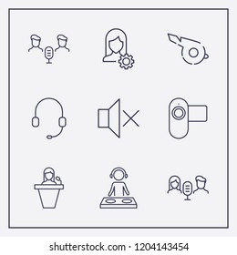 Outline 9 sound icon set. user setting, video camera, speaker human and dj vector illustration