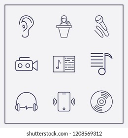 Outline 9 sound icon set. microphone, video camera, headphone and cd vector illustration