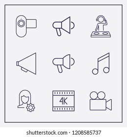 Outline 9 sound icon set. user setting, dj, k and video camera vector illustration