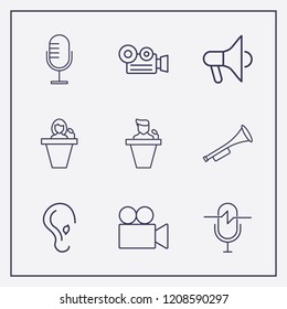 Outline 9 sound icon set. ear, megaphone, video camera and microphone vector illustration