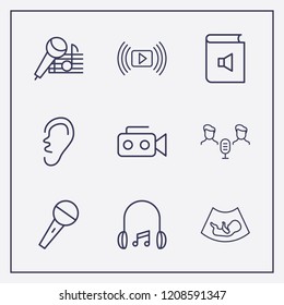 Outline 9 sound icon set. video camera, audio conference, headphone and microphone vector illustration