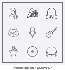 Outline 9 sound icon set. user setting, cd, ultrasound baby and guitar vector illustration