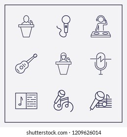 Outline 9 sound icon set. speaker human, karaoke, dj and microphone vector illustration