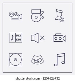 Outline 9 sound icon set. video camera, cd, melody notebook and ultrasound baby vector illustration