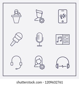Outline 9 sound icon set. microphone, headphone, speaker human and user setting vector illustration