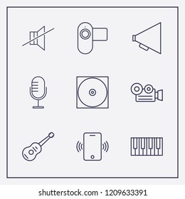 Outline 9 sound icon set. guitar, sound off, microphone and video camera vector illustration