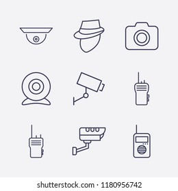 Outline 9 spy icon set. walkie talkie, camera, security camera, web camera and detective vector illustration