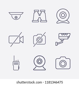 Outline 9 spy icon set. forbidden video camera, web camera, walkie talkie, binoculars, forbidden camera, security camera,  vector illustration