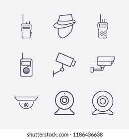 Outline 9 spy icon set. security camera, webcam, web camera, walkie talkie and detective vector illustration