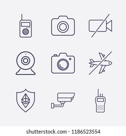 Outline 9 spy icon set. security camera, forbidden video camera, camera, ethereum shield, webcam, forbidden airplane and walkie talkie vector illustration