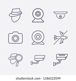 Outline 9 spy icon set. security camera, web camera, webcam, detective, camera, forbidden airplane and search detective vector illustration