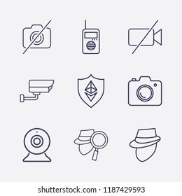 Outline 9 spy icon set. search detective, detective, ethereum shield, forbidden camera, security camera, walkie talkie, camera, forbidden video camera and webcam vector illustration