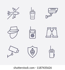Outline 9 spy icon set. walkie talkie, ethereum shield, security camera, detective, binoculars and forbidden airplane vector illustration