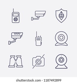 Outline 9 spy icon set. webcam, binoculars, web camera, security camera, forbidden camera, ethereum shield and walkie talkie vector illustration