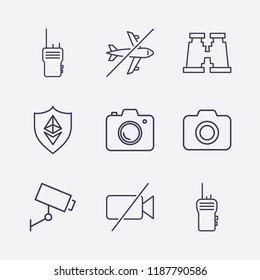 Outline 9 spy icon set. security camera, walkie talkie, camera, forbidden airplane, ethereum shield, forbidden video camera and binoculars vector illustration