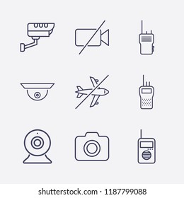 Outline 9 spy icon set. security camera, camera, forbidden airplane, forbidden video camera, webcam and walkie talkie vector illustration