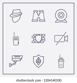 Outline 9 spy icon set. binoculars, detective, security wall and security camera vector illustration