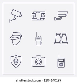 Outline 9 spy icon set. detective, security wall, camera and binoculars vector illustration