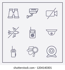 Outline 9 spy icon set. walkie talkie, forbidden airplane, web camera and search detective vector illustration