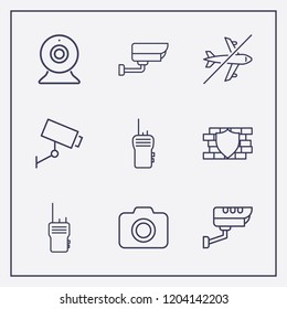 Outline 9 spy icon set. security camera, security wall, webcam and camera vector illustration