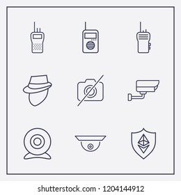 Outline 9 spy icon set. forbidden camera, security camera, web camera and ethereum shield vector illustration