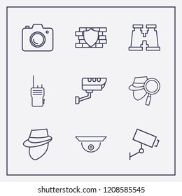 Outline 9 spy icon set. walkie talkie, security camera, binoculars and detective vector illustration