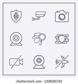 Outline 9 spy icon set. ethereum shield, security wall, forbidden airplane and security camera vector illustration