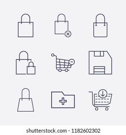 Outline 9 store icon set. add to cart, shopping bag, diskette, add folder, remove shopping cart and shopping bag remove vector illustration