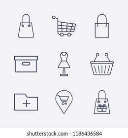 Outline 9 store icon set. mannequin, add folder, shopping basket, shopping bag, shopping cart, shopping location and box vector illustration