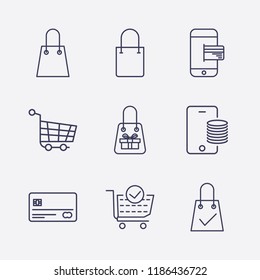 Outline 9 store icon set. shopping bag, shopping cart, shopping bag check, smartphone payment, online payment, credit card and check shopping cart vector illustration
