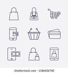 Outline 9 store icon set. mobile payment, smartphone payment, shopping bag, credit card, mobile shopping, add to shopping cart and shopping basket vector illustration