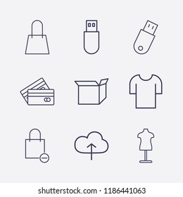 Outline 9 store icon set. usb, cloud upload, shopping bag remove, mannequin, t shirt, shopping bag, credit card and box vector illustration