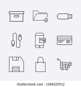 Outline 9 store icon set. shopping bag, credit card, add to shopping cart, box, add folder, smartphone payment, usb and diskette vector illustration