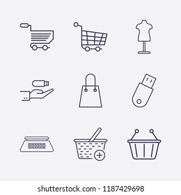 Outline 9 store icon set. electron scales, add to basket, hand in usb, mannequin, shopping basket, shopping bag, usb and shopping cart vector illustration