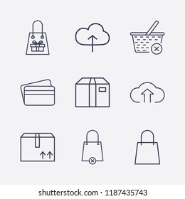 Outline 9 store icon set. shopping bag, cloud upload, box, shopping bag remove, credit card and close basket vector illustration