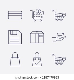 Outline 9 store icon set. diskette, hand in usb, bag, box, remove cart, shopping cart, bag check, add to shopping cart and credit card vector illustration