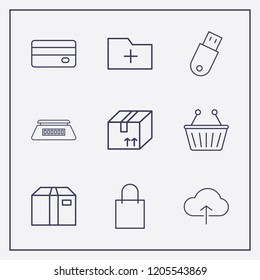 Outline 9 store icon set. usb, upload cloud, electron scales and shopping bag vector illustration