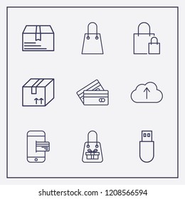 Outline 9 store icon set. shopping bag, smartphone payment, box and usb vector illustration