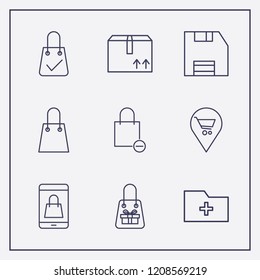 Outline 9 store icon set. mobile shopping, add folder, shopping bag check and shopping bag vector illustration