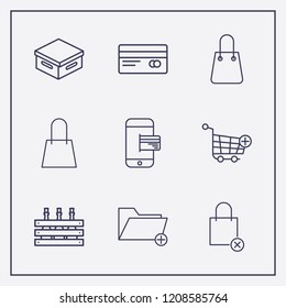 Outline 9 store icon set. wine box, shopping bag, add folder and smartphone payment vector illustration