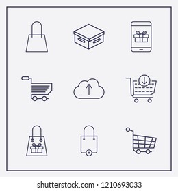 Outline 9 store icon set. cloud upload, shopping bag remove, shopping bag and shopping cart vector illustration