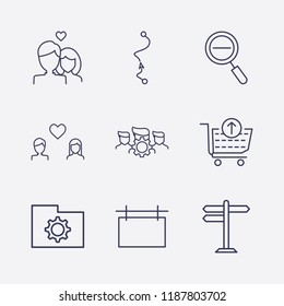 Outline 9 street icon set. folder setting, road sign, remove from cart, advertising board, zoom out, group setting, distance map and lovers vector illustration