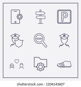 Outline 9 street icon set. lovers, parking, sneaker and zoom out vector illustration